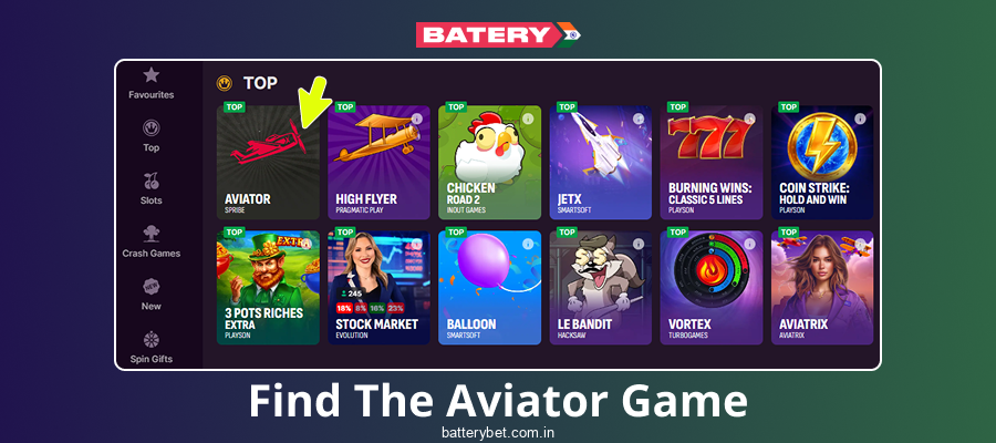Find the Aviator game in Batery Bet India