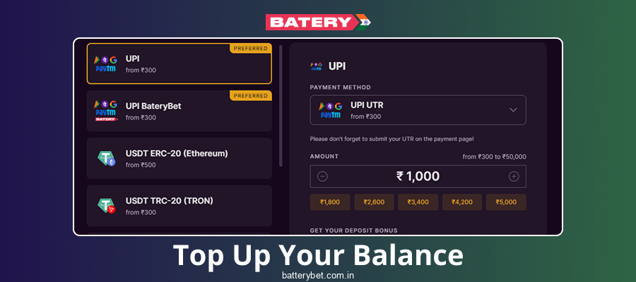 Make a deposit on Batery Bet India
